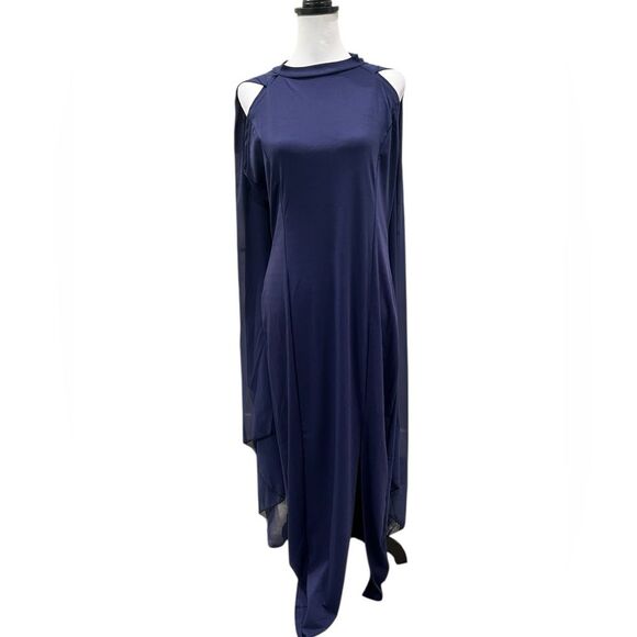 Evening Gown Chiffon Cape Sleeve Maxi Dress Slit Dark Blue Size Large NWOT - Picture 3 of 14
